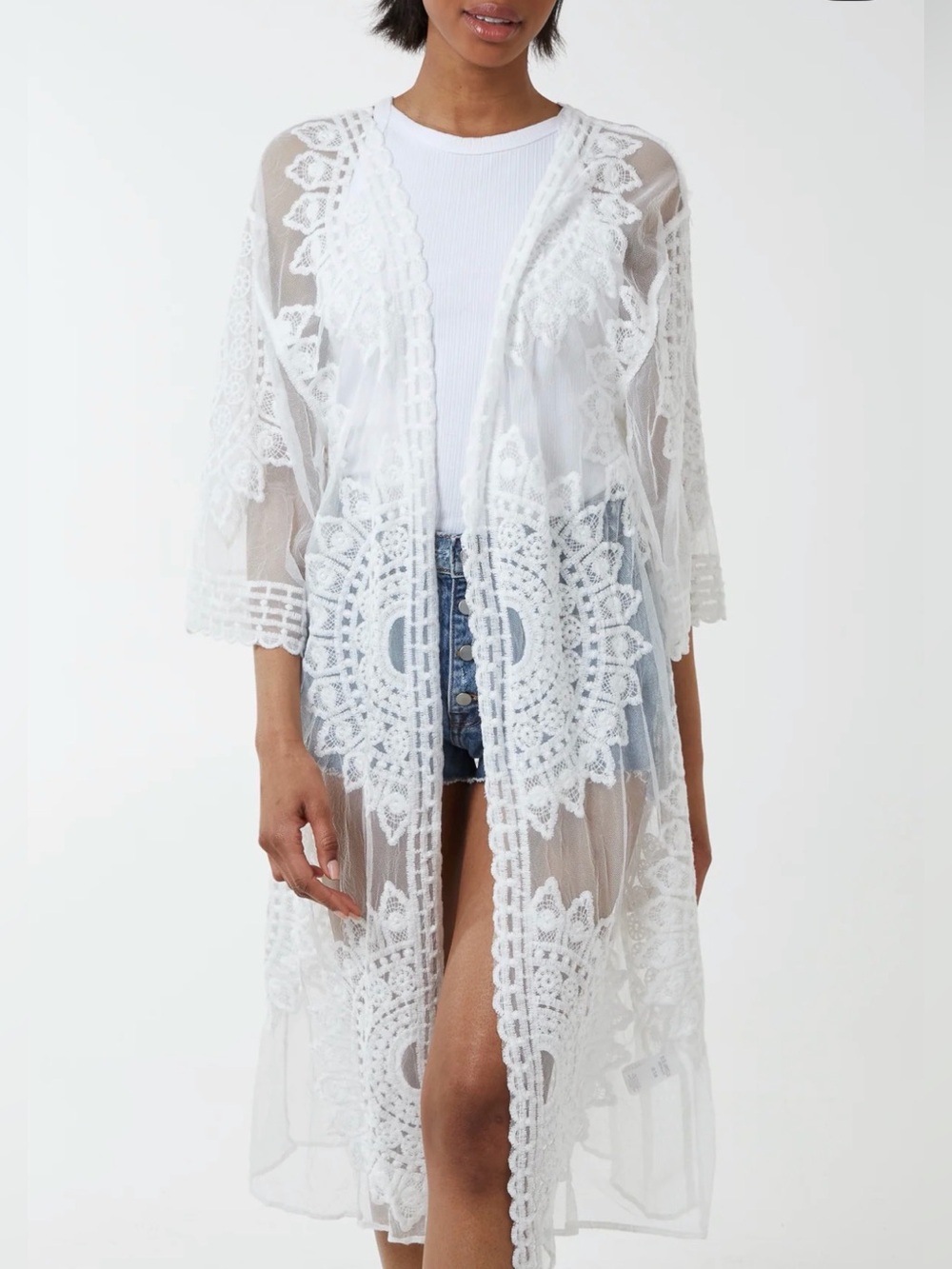 Rachel Zoe White Lace Open Kimono Duster, NWOT One Size